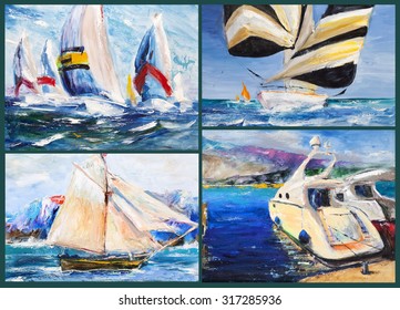 Beautiful yacht. Regatta set. Painting, pictorial art