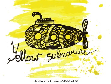 Beautiful yellow submarine watercolor drawing graphic design