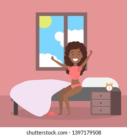 Beautiful young african american woman in pink underwear strecthing up in the bed after a sleep. - Powered by Shutterstock