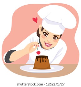 Beautiful young chef woman decorating chocolate dessert with cherry - Powered by Shutterstock