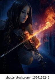 Beautiful Young Female Play A Magic Fantasy Violon In The Dark