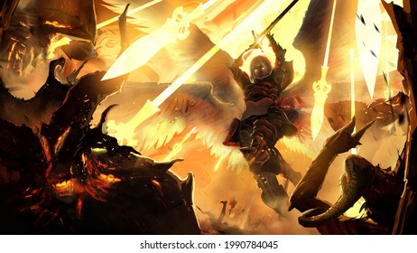 Beautiful young girl angel bursts into the thick of the battle with the demons along with a volley of divine spears of light bombarding the infernal creatures piercing them through and burning them 