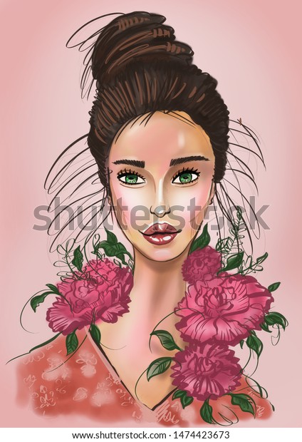 Beautiful Young Girl Brown Hair Tied Stock Illustration 1474423673