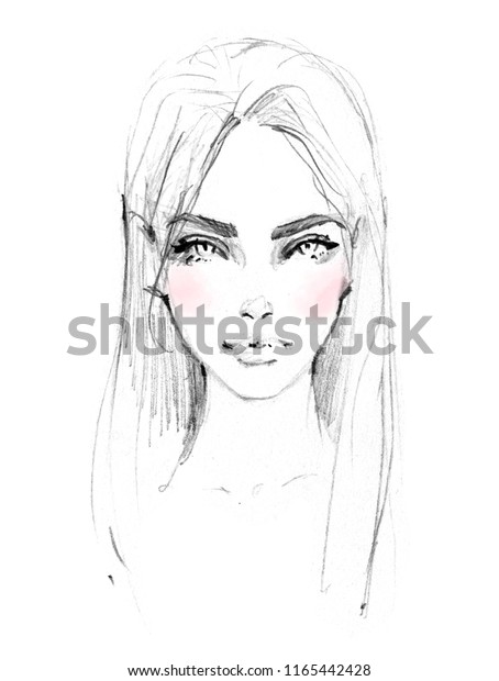 Beautiful Young Girl Face Black White Stock Illustration