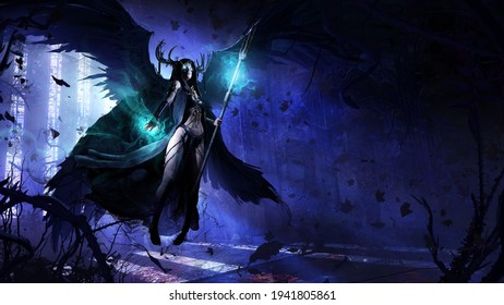 beautiful young girl, she is a black angel of death with a magic staff in her hands, barefoot hovering in the middle of an abandoned Gothic temple overgrown with thorny plants. Her eyes glow.