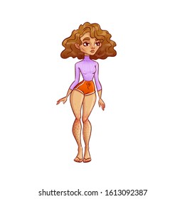 Beautiful Young Girl In Short Shorts On A White Background. A Woman With Hairy Legs. A Strange Cartoon Girl With Curly Hair.