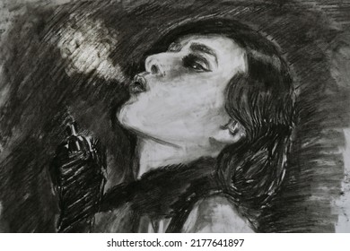 A beautiful young girl smokes a cigar. Lady exhales smoke from a cigar. Modern hand drawing with charcoal