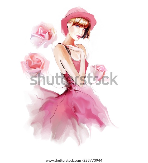 夏のピンクのドレスを着た美しい若い女の子 のイラスト素材