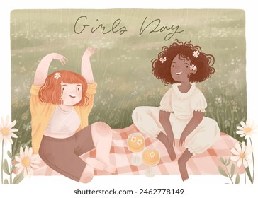 Beautiful young girls on summer picnic with food and drinks. Girl friends gather on nature spring party. Diversity group of youth women have fun. Summer picnic card, poster, background - Powered by Shutterstock