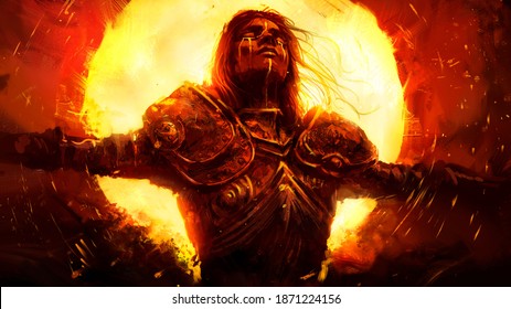 A beautiful young knight weeps Golden tears as he burns in the huge yellow infernal sun, wearing a beautiful chased armor with patterns . 2D illustration.
