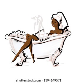 beautiful young slim black woman is lying in bath with bubbles. fashion sketch