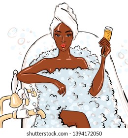 beautiful young slim black woman is lying in bath with bubbles. Girl holding a glass of champagne, fashion sketch