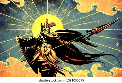 A beautiful young Valkyrie hovers in the air and screams while holding a weapon and shield in her hands, amid the bright yellow sun and Golden clouds