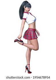 Beautiful Young Woman Posing Photo Shoot.Short Red Skirt Cage, Shoes, Blouse.Long Hair.School Sexy Uniform.Conceptual Fashion Art.Office Secretary Style.3D Render.