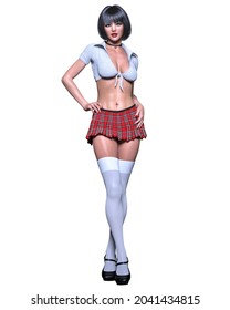 Beautiful Young Woman Posing Photo Shoot.Short Red Skirt Cage, Stocking, Blouse.Long Hair.School Sexy Uniform.Conceptual Fashion Art.Office Secretary Style.3D Render.