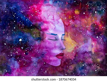 Beautiful young woman watercolor painting. Space galaxy background with stars, Milky Way. Meditation.