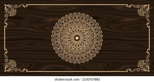 Beautifull Gold Carving Design.Brown Wooden Base Background.