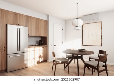 A beautifully designed kitchen and dining area that showcases stylish wood accents and a bright, airy ambiance. 3d render. 3D Illustration