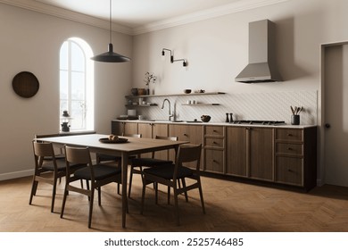 A beautifully designed modern kitchen featuring wooden elements, elegant decor, and bright ambiance. 3D Render. 3D Illustration