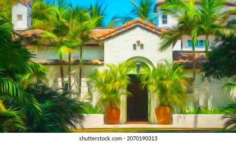 Beautifully Landscaped Exterior Of Residence In Mediterranean Revival Architectural Style On A Subtropical Barrier Island On A Sunny Day In Southwest Florida. Digital Painting Effect, 3D Rendering.