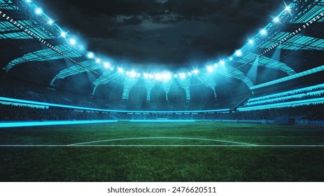 Beautifully lit football stadium at night, with intense beams of light highlighting perfectly maintained pitch. 3D rendering. Concept of professional sport, competition, championship, match, energy - Powered by Shutterstock