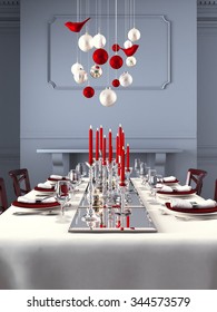 Beautifully Set Table For Christmas Eve In A Modern Interieur. 3d Rendering