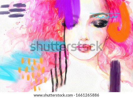 beauty background. colorful stripes. young girl makeup. fashion illustration. watercolor painting