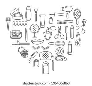 Beauty cosmetic and make up icon set in thin line style in heart templet - Powered by Shutterstock