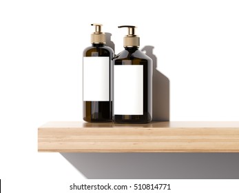 Beauty Cosmetic Plastic Containers On A Wooden Shelf In Bright Studio. 3d Rendering