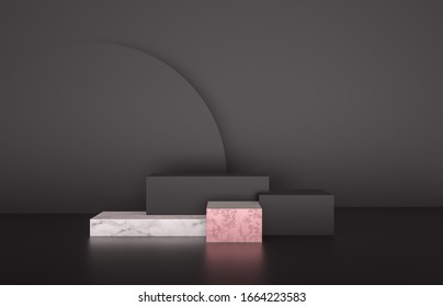 Beauty Fashion Luxury Podium Backdrop For Product Display. Minimalist Black, Marble And Pink Background. 3d Render.