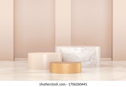 Beauty Fashion Luxury Podium Backdrop For Product Display. Minimalist Gold, Marble And White Background. 3d Render.