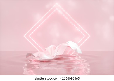 Beauty Fashion Podium Backdrop With Fabric Floating On Water Ripple. 3d Rendering.