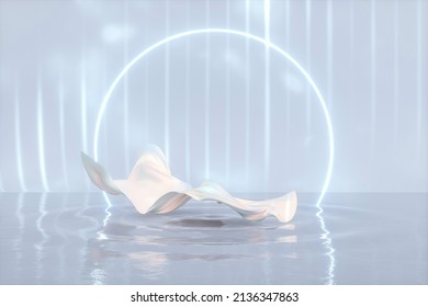 Beauty Fashion Podium Backdrop With Fabric Floating On Water Ripple. 3d Rendering.