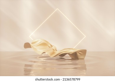 Beauty Fashion Podium Backdrop With Fabric Floating On Water Ripple. 3d Rendering.