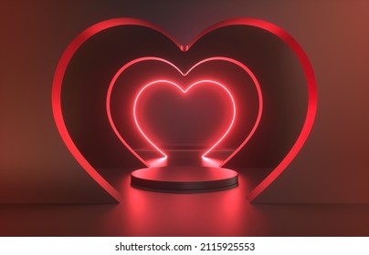 Beauty fashion podium backdrop with heart shape neon frame. 3d rendering.