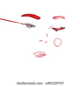 Beauty  fashion portrait from mascara cosmetic products. Eyelashes eyebrows lips face. Design concept logo, print  poster, baner, card, advertising, invitation. Free place for text on white background - Powered by Shutterstock