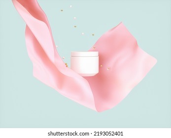 Beauty Fashion Smooth Elegant Flying Cloth For Product Display With Cosmetic Cream Jar Mockup. 3d Rendering.