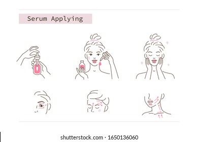 Beauty Girl Take Care Of Her Face And Applying Cosmetic Serum Oil. Woman Making Facial Massage By Lines. Skin Care Routine, Hygiene And Moisturizing Concept. Flat Illustration And Icons Set.