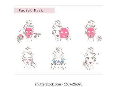 Beauty Girl Take Care Of Her Face And Applying Facial Sheet And Clay Mask. Woman Making Skincare Procedures. Skin Care Routine, Hygiene And Moisturizing. Flat Line Illustration And Icons Set.