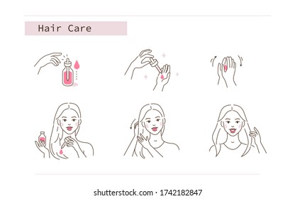 
Beauty Girl Take Care of her Damaged Hair and Applying Treatment Oil. Woman Making Haircare Procedures.  Beauty Care Routine and Procedures. Flat Line Illustration and Icons set.
