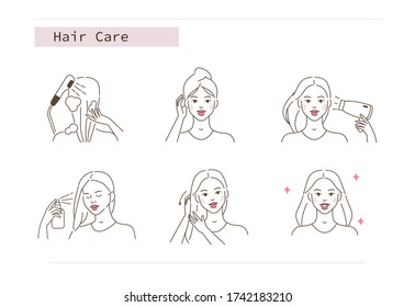 Beauty Girl Take Care of her Hair and Applying Treatment Spray. Woman Washing, Drying Hair with Towel and Hairdryer.  Beauty Care Routine and Procedures. Flat Line Illustration and Icons set.
