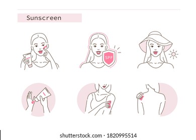 Beauty Girl Take Care Of Her Face, Body And Use Facial Sunscreen Cream With Spf Protection. Woman Applying Sunblock Product. Sun Protection Skincare. Flat Illustration And Icons Set.