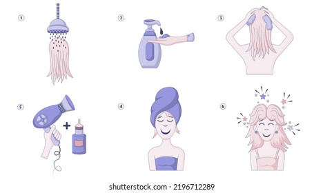 Beauty Girl Take Care Of Her Hair. Instruction How To Wash Hair With Shampoo And Wipe With Towel And Blow Dry Using Hair Serum. Flat Line  Illustration And Icons Set.
