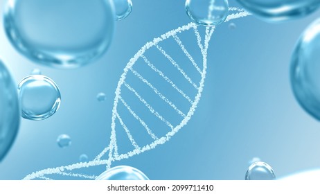 Beauty and medical healthcare stem cell 3d illustration concept. White moisture bubble helix on clear blue background with pure droplets as futuristic genetic mRNA vaccine engineering and cosmetics.