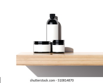 Beauty Plastic Containers On A Wooden Shelf In Bright Studio. 3d Rendering