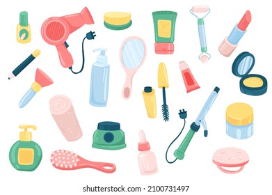 Beauty routine accessory cute stickers isolated set. Collection of hairdryer, cream, lipstick, roller face massager, powder, mascara, hair curler, comb. Illustration in flat cartoon design - Powered by Shutterstock