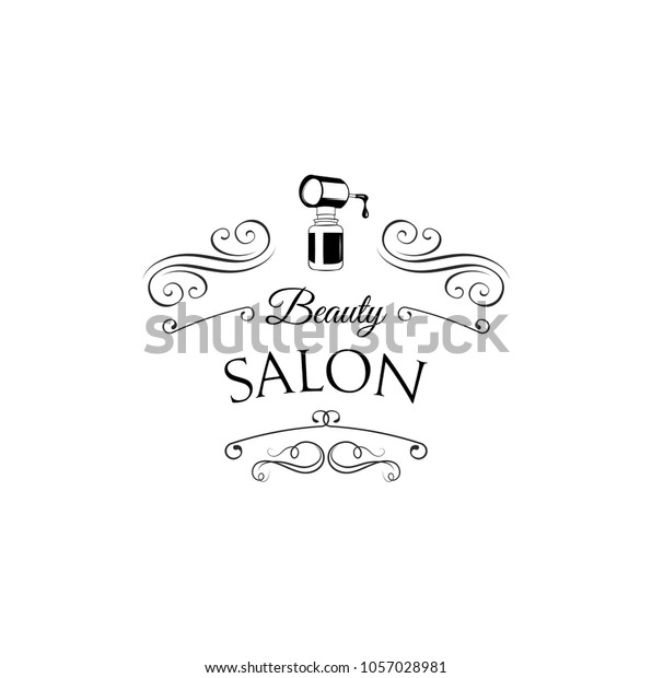 Beauty Salon Badge. Nail
Polish. Makeup. Filigree Divider Swirl Frame.  Illustration
Isolated On White