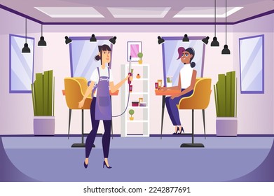 Beauty salon concept with people scene in the background cartoon design. Stylist makes a beautiful hairstyle for a client in a salon. - Powered by Shutterstock