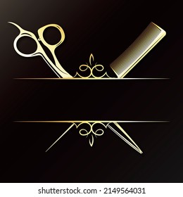 Beauty Salon And Hair Care Gold Symbol. Scissors And Comb Design For Stylist