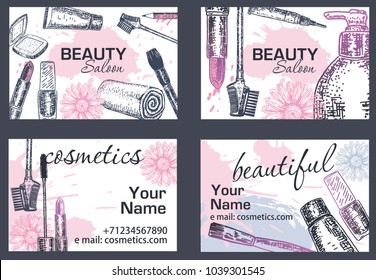 Beauty salon, makeup artist business card. Hand drawn illustration. Creative template design with beauty products foundation, brushes, eyeshadow, lipstick, mascara, eyeliner etc. - Powered by Shutterstock